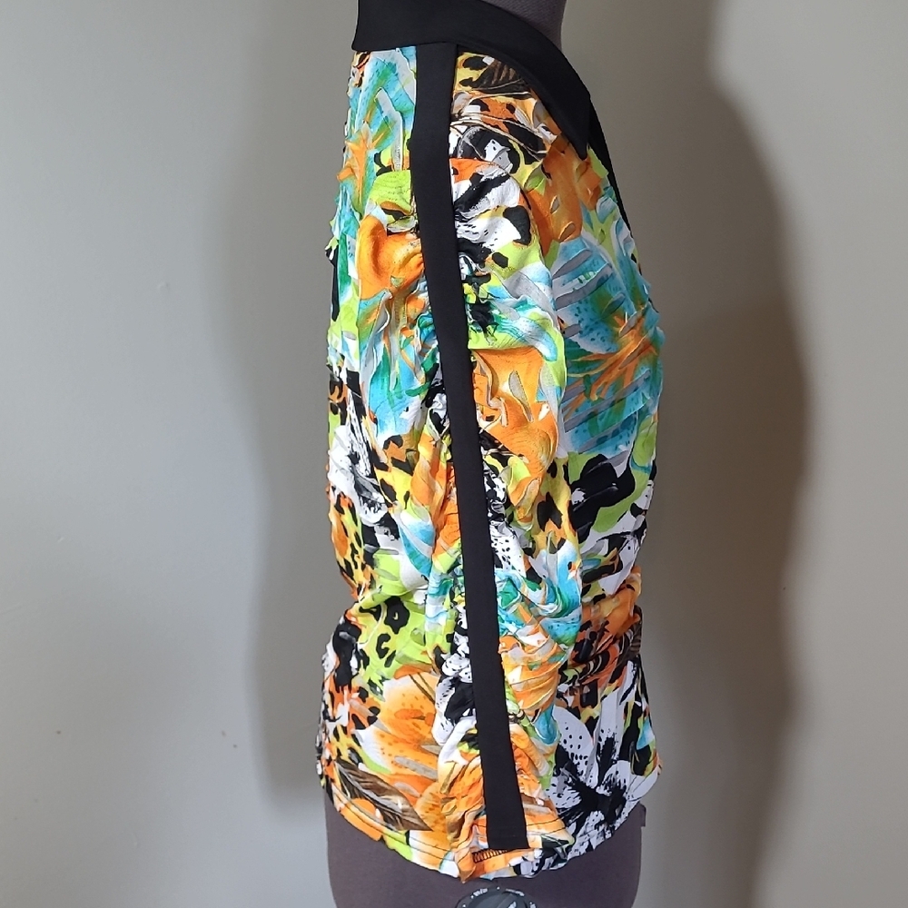Joseph Ribkoff Vibrant Print Zipper Blouse Jacket Top Black Trim - Picture 5 of 9